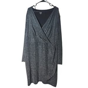 Simply Emma Cocktail Dress Plus Size 3X Metallic Sparkle Black Silver Faux Wrap